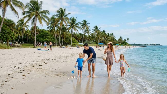 Familia con niños caminando y jugando en una playa de Miami rodeada de palmeras, imagen de un plan familiar en 2026.