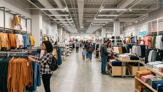 Interior de una tienda de ropa con percheros, básicos, ofertas y compradores, imagen relacionada con Primark en Estados Unidos.