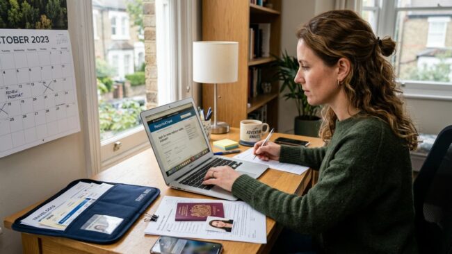 Mujer completa por internet la renovación de su pasaporte antes de viajar a España o Italia.