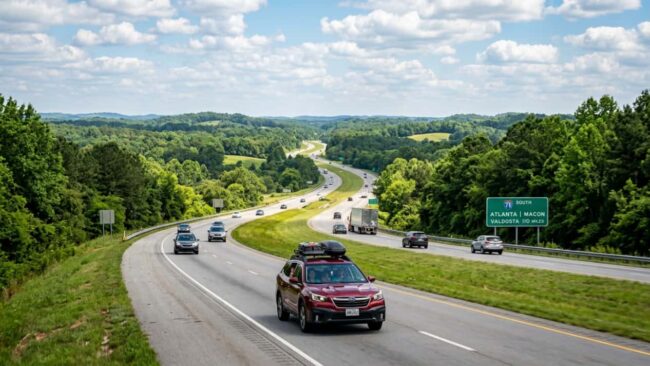 Automóvil circulando por una autopista entre bosques de Georgia durante la ruta en carro de Atlanta a Orlando.