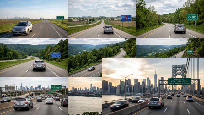 Collage de un viaje en carro de Chicago a Nueva York, con autopistas, señales de estados, paisajes de ruta y llegada al skyline de Manhattan.