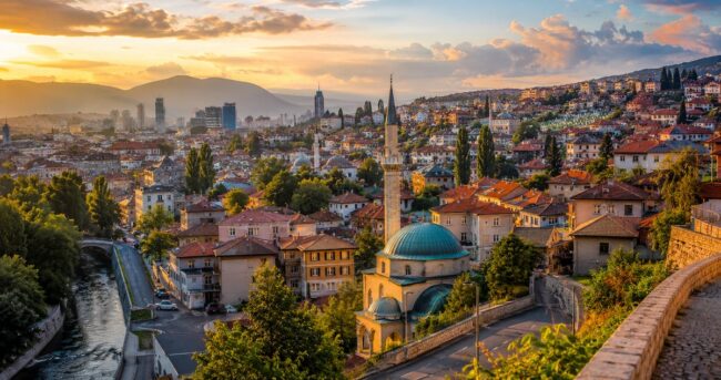 Vista panorámica de Sarajevo con mezquitas, edificios históricos y montañas al atardecer.