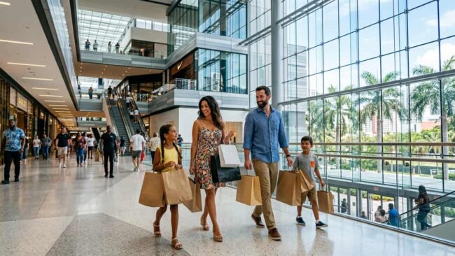 Familia caminando con bolsas de compras en un centro comercial de Florida durante el Tax Free Weekend 2026.