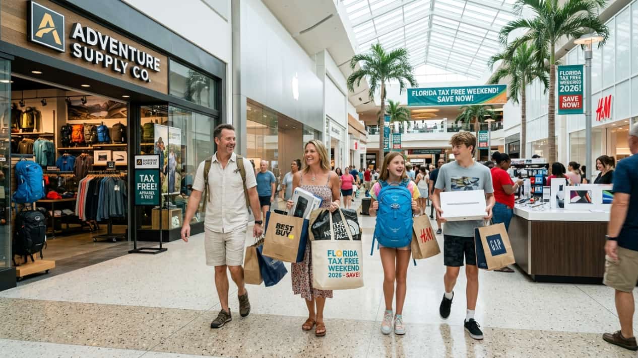Familia comprando ropa, mochilas y tecnología en un centro comercial de Florida durante el Tax Free Weekend 2026.
