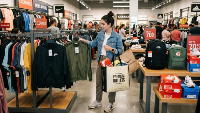 Compradora revisando ropa deportiva en un outlet de Florida con carteles de liquidación durante el Tax Free Weekend 2026.