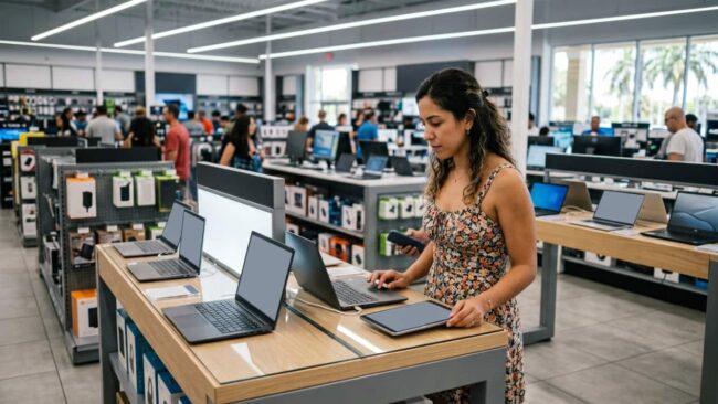 Mujer revisando laptops y tablets en una tienda de electrónica de Florida durante el Tax Free Weekend 2026.
