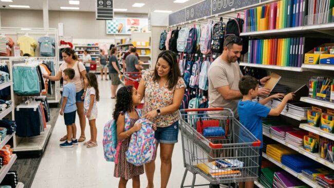 Familias comprando mochilas, útiles escolares y ropa infantil en una tienda de Florida durante el Tax Free Weekend 2026.