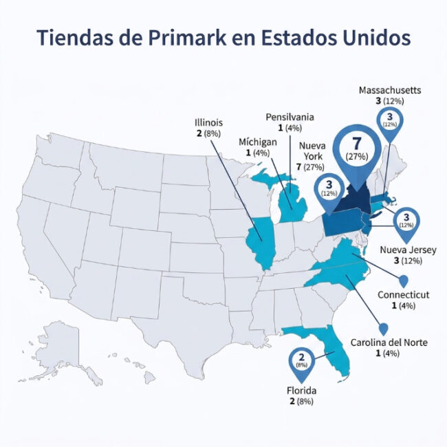 Mapa de Estados Unidos con la distribución de tiendas Primark por estado, incluyendo Nueva York, Nueva Jersey, Florida, Massachusetts e Illinois.
