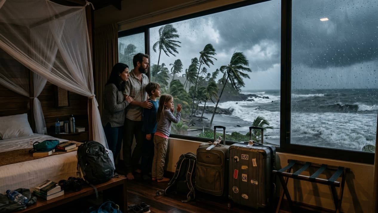 Familia en una habitación de hotel observando una tormenta tropical frente al mar, con lluvia, viento fuerte y equipaje listo.