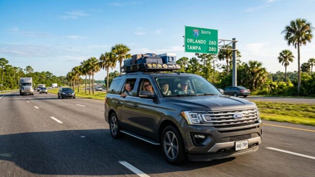Familia viajando en carro por la autopista I-75 South rumbo a Orlando, Florida.