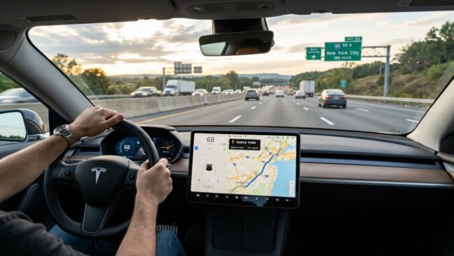 Viaje en carro de Chicago a Nueva York con GPS y autopista Conductor manejando por una autopista hacia Nueva York con GPS encendido, imagen relacionada con el viaje en carro desde Chicago.