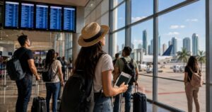 aeropuerto mexicano con viajeros mirando una pantalla de salidas hacia Miami, valijas de mano, ambiente luminoso y realista, sin texto.