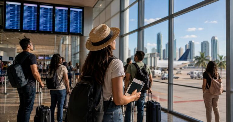aeropuerto mexicano con viajeros mirando una pantalla de salidas hacia Miami, valijas de mano, ambiente luminoso y realista, sin texto.