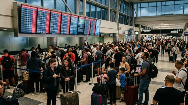 Pasajeros haciendo fila en un aeropuerto con pantallas de vuelos cancelados por mal tiempo, imagen relacionada con tormentas tropicales en vacaciones.