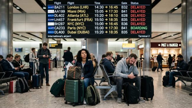 Vuelos retrasados y gestión de incidencias en reservas de Gotogate Pasajeros esperan con sus maletas bajo un panel que muestra varios vuelos retrasados en un aeropuerto.