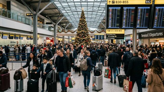 Vuelos para Navidad 2026 y alta demanda en aeropuertos Aeropuerto lleno de pasajeros con maletas y decoración navideña durante la temporada de viajes de Navidad.