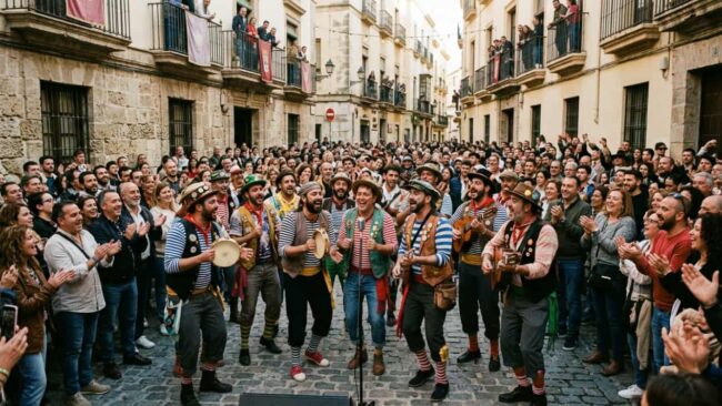 Agrupaciones callejeras del Carnaval de Cádiz Agrupación carnavalesca actuando en una calle de Cádiz rodeada de público durante el Carnaval.