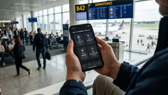 Viajero consultando una billetera multimoneda en el celular antes de un vuelo