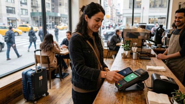 Viajera realizando un pago contactless con el celular en una cafetería