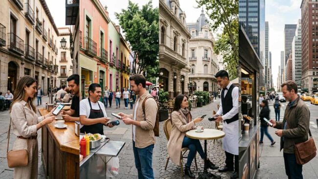 Viajeros realizando pagos con el celular en comercios de distintas ciudades durante viajes internacionales