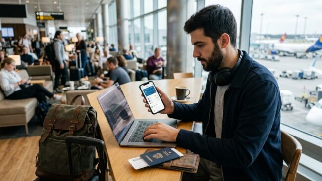 Viajero usando una aplicación financiera en el celular y una laptop mientras espera en un aeropuerto