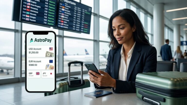 Viajera consultando AstroPay y cuentas en distintas monedas desde su celular en un aeropuerto