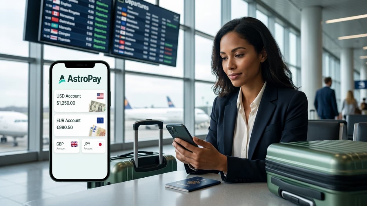 Viajera consultando AstroPay y cuentas en distintas monedas desde su celular en un aeropuerto