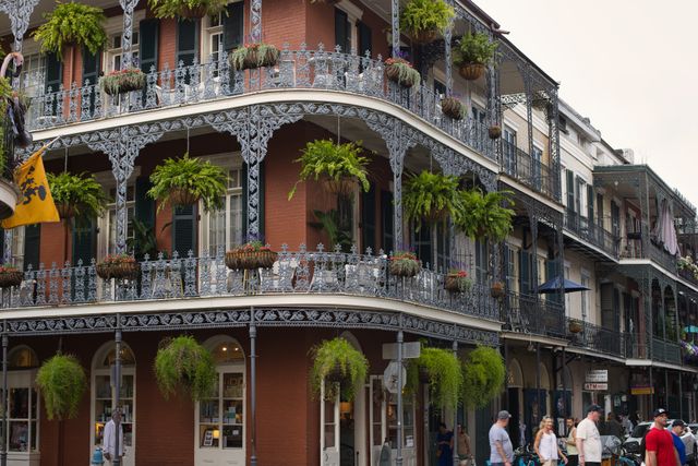 Edificios con balcones de hierro forjado y plantas en el Barrio Francés de Nueva Orleans.