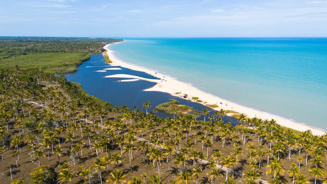 Boipeba, Bahía: playa y tranquilidad para vivir en Brasil Vista aérea de Boipeba, en Bahía, Brasil, con playa de arena clara, palmeras y aguas turquesas
