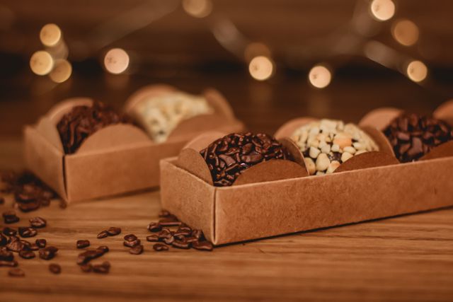Brigadeiros brasileños de chocolate decorados con granas, frutos secos y chocolate blanco.