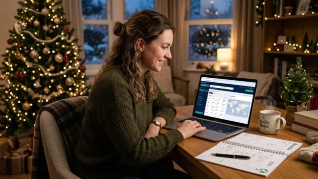 Cuándo reservar vuelos para Navidad 2026 Mujer compara vuelos para Navidad 2026 en una computadora junto a un calendario y decoración navideña.