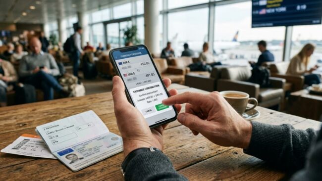 Viajero cambiando euros a dólares desde el celular mientras espera en un aeropuerto