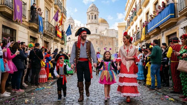Familias y disfraces en el Carnaval de Cádiz 2027 Familia disfrazada durante el Carnaval de Cádiz con la Catedral de Cádiz al fondo y calles llenas de público.