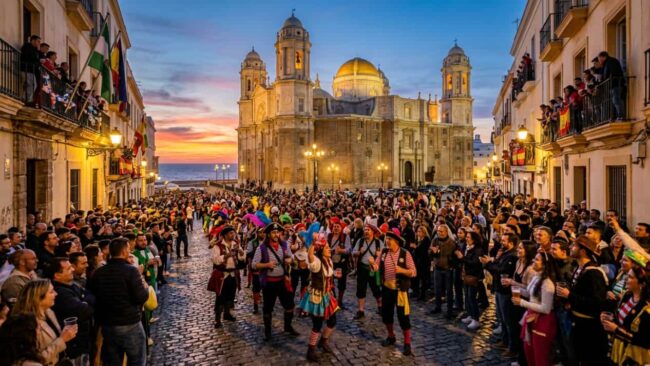 Carnaval de Cádiz junto a la Catedral de Cádiz Multitud y agrupaciones carnavalescas frente a la Catedral de Cádiz durante las celebraciones del Carnaval.