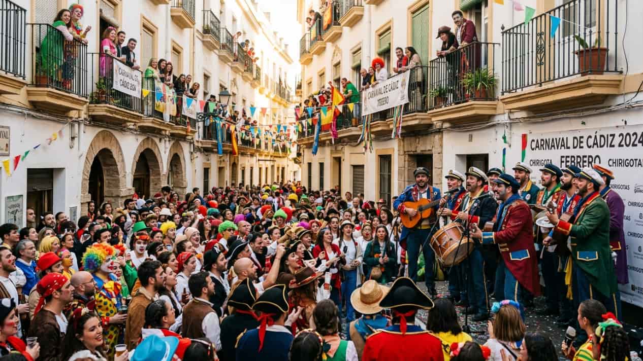 Celebración del Carnaval de Cádiz con chirigotas, disfraces y público reunido en una calle del centro histórico.