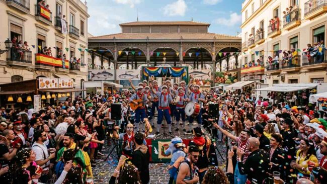 Carnaval de Cádiz junto al Mercado Central Agrupación carnavalesca actuando frente al Mercado Central de Cádiz rodeada de público durante el Carnaval.