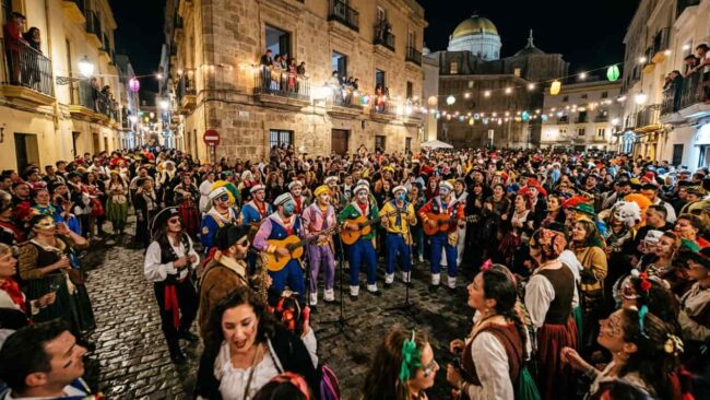 Agrupación carnavalesca actuando de noche ante una multitud en las calles del centro histórico de Cádiz.