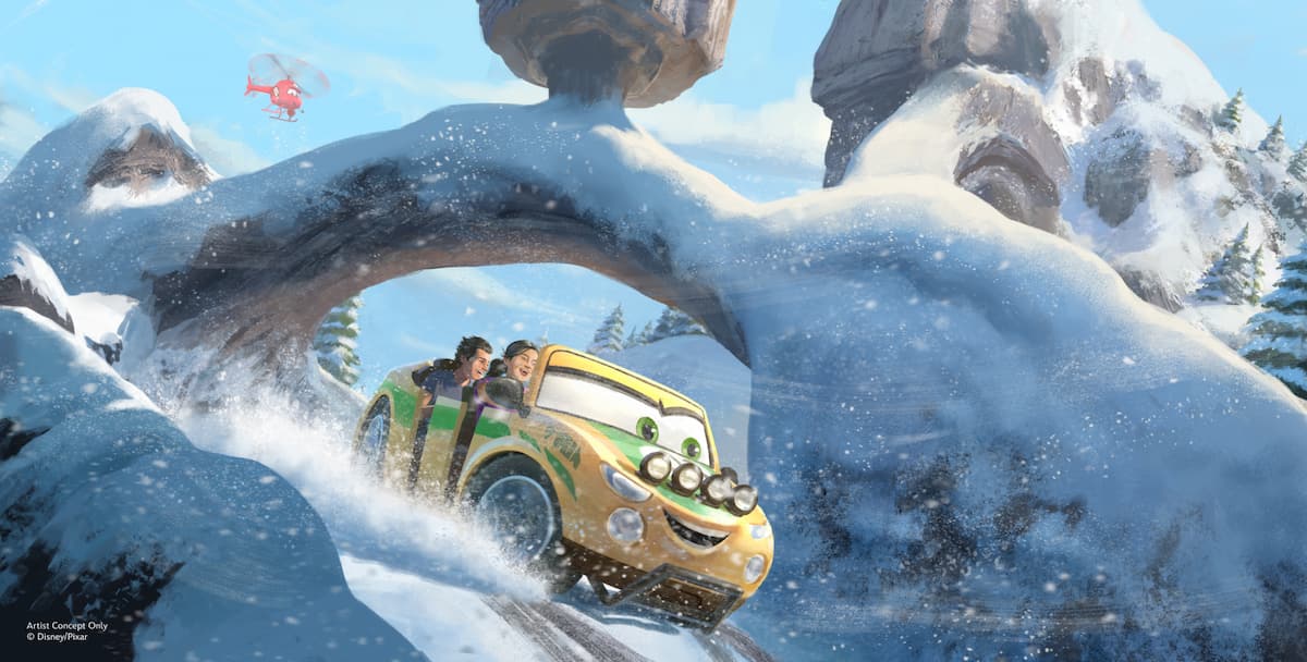 Concept art de Cars Ridge Run Rally en Piston Peak, nueva atracción de Magic Kingdom en Disney World