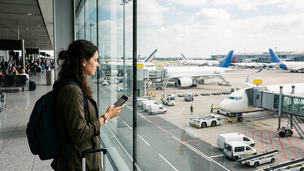 Pasajera observando varios aviones desde una terminal de aeropuerto antes de su vuelo