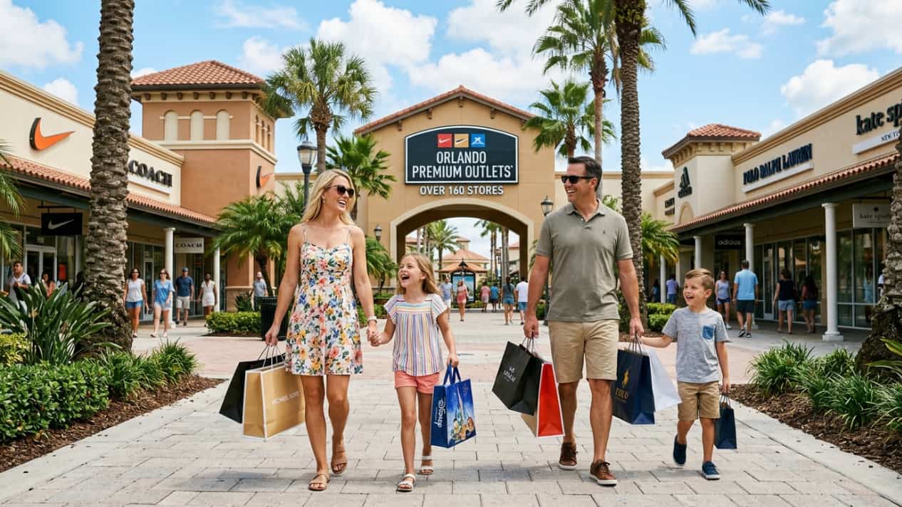 Familia con bolsas de compras en Orlando Premium Outlets, rodeada de tiendas de marcas y palmeras.
