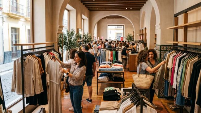 Compradoras revisan prendas de ropa en una tienda concurrida de España.