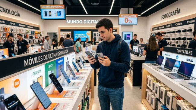 Turista compara teléfonos móviles en una tienda de tecnología de España con computadoras y cámaras en exhibición.