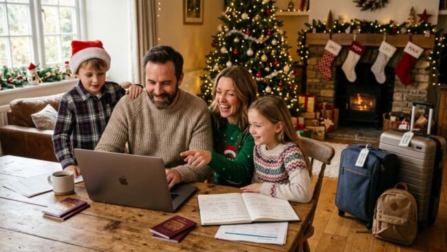 Familia planifica en una computadora la compra de vuelos para Navidad 2026 junto a pasaportes, equipaje y decoraci&oacute;n navide&ntilde;a.