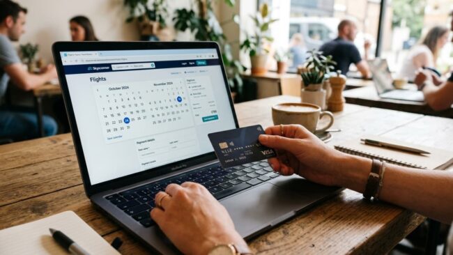 Comprar vuelos para Navidad 2026 con anticipación Persona compra vuelos en línea con una tarjeta bancaria mientras compara fechas y tarifas en una computadora.