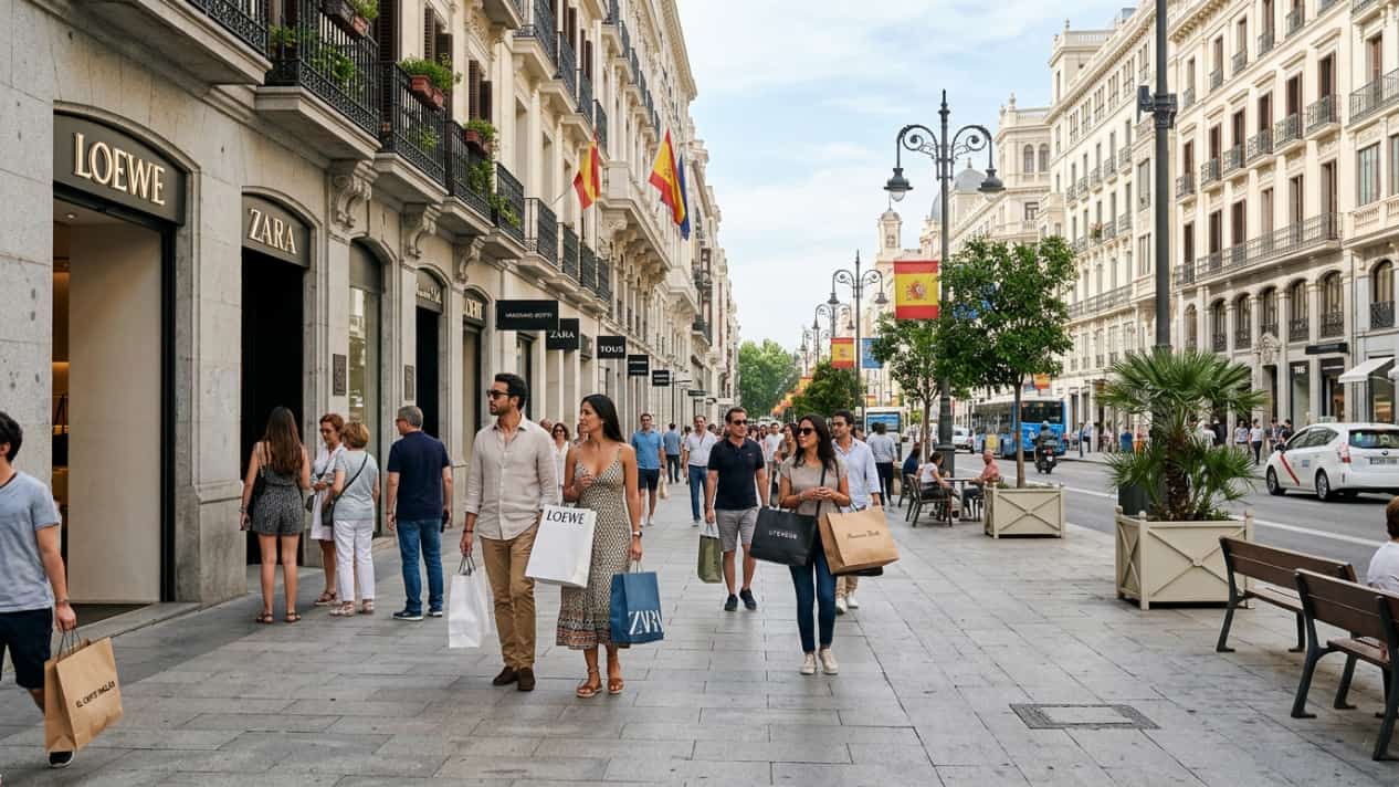 Turistas con bolsas de compras recorren una avenida comercial de España con tiendas de moda y marcas internacionales.