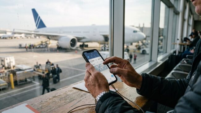Pasajero consultando en el celular la información de su vuelo mientras observa un avión en el aeropuerto