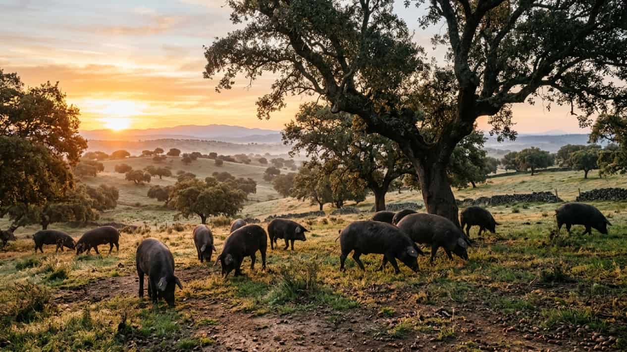 Cerdos ibéricos pastando entre encinas en una dehesa de España, paisaje tradicional de la producción de jamón ibérico.