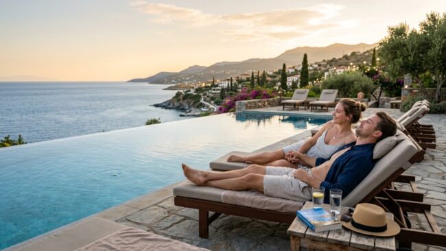 Pareja descansando junto a una piscina con vista al mar durante la etapa relajada de unas vacaciones