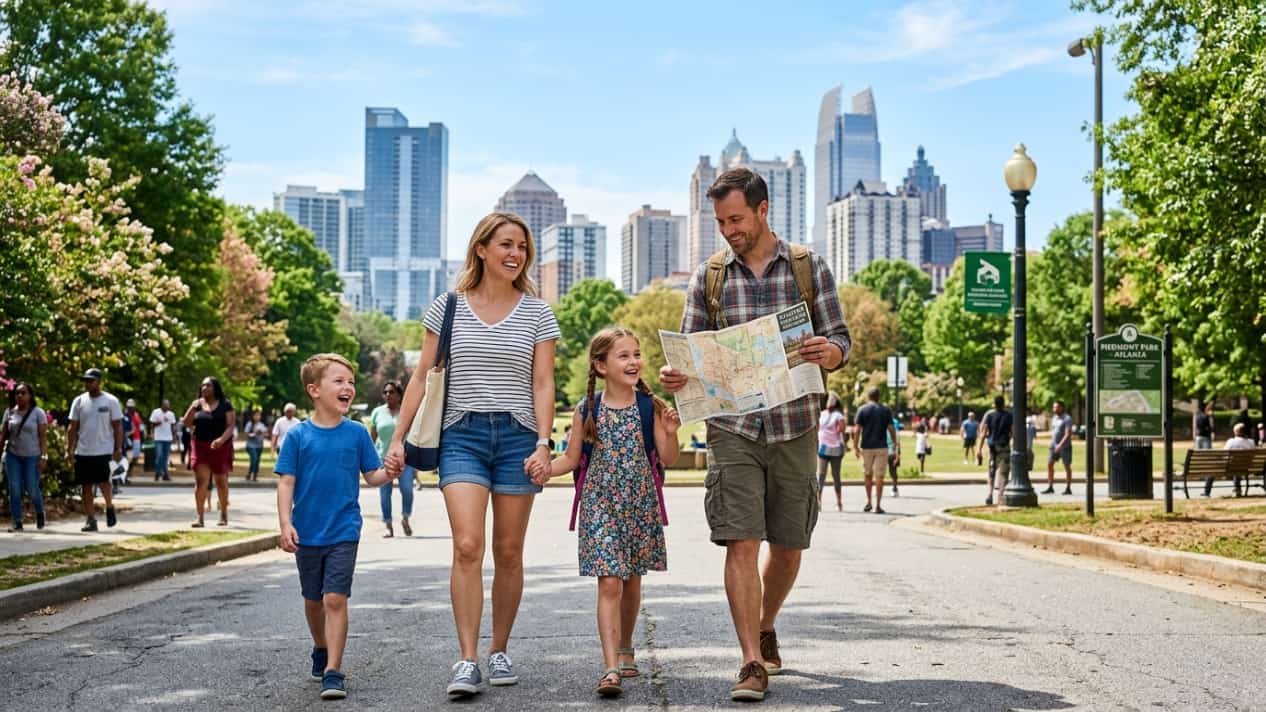 Familia con niños recorre Piedmont Park con el centro de Atlanta al fondo durante unas vacaciones en Estados Unidos.