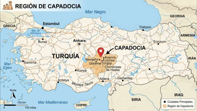 Mapa de Turquía con la ubicación de Capadocia, Estambul, Ankara, Göreme, Ürgüp, Avanos y Nevşehir.
